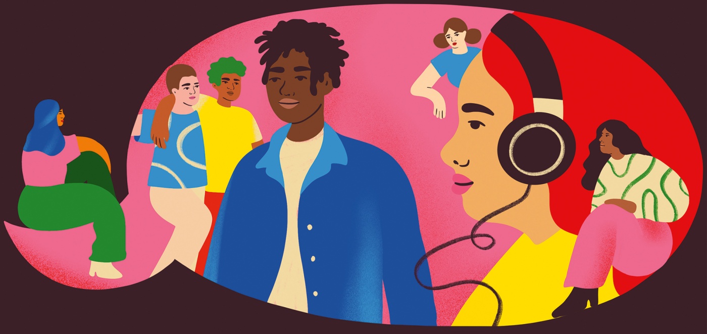 illo of a group of teenagers communicating